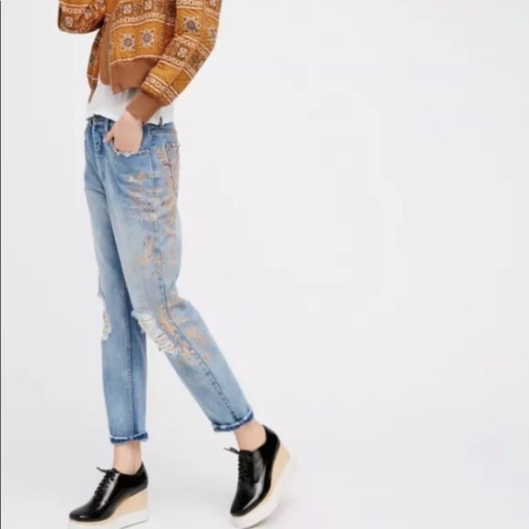 Free People gold stencil distressed jeans - Picture 1 of 7